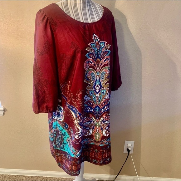 NEW Boho Dress XL BeBop Burgundy Multicolored Mandala pattern Mini Dress 1/2 Slv - Picture 5 of 16
